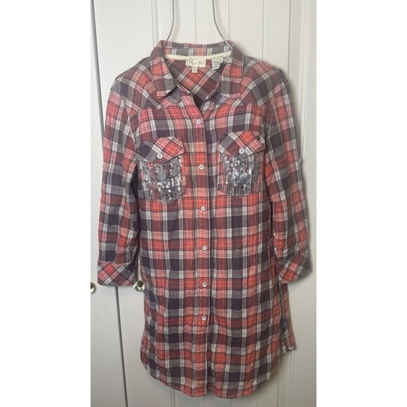 Miss Me Flannel Shirt Dress Button Down Sequins, Size: Small - Picture 1 of 8
